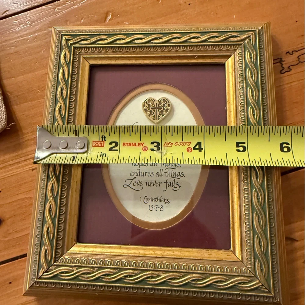 Bible Verse from 1 Corinthians 13:7–8 in an Ornate GoldTone Frame w/Burgundy Mat